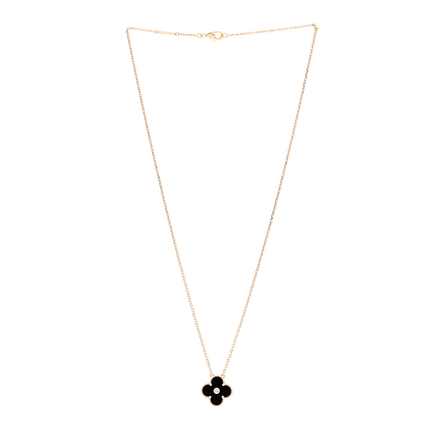 18K Rose Gold Diamond Black Onyx Vintage Alhambra Pendant Necklace