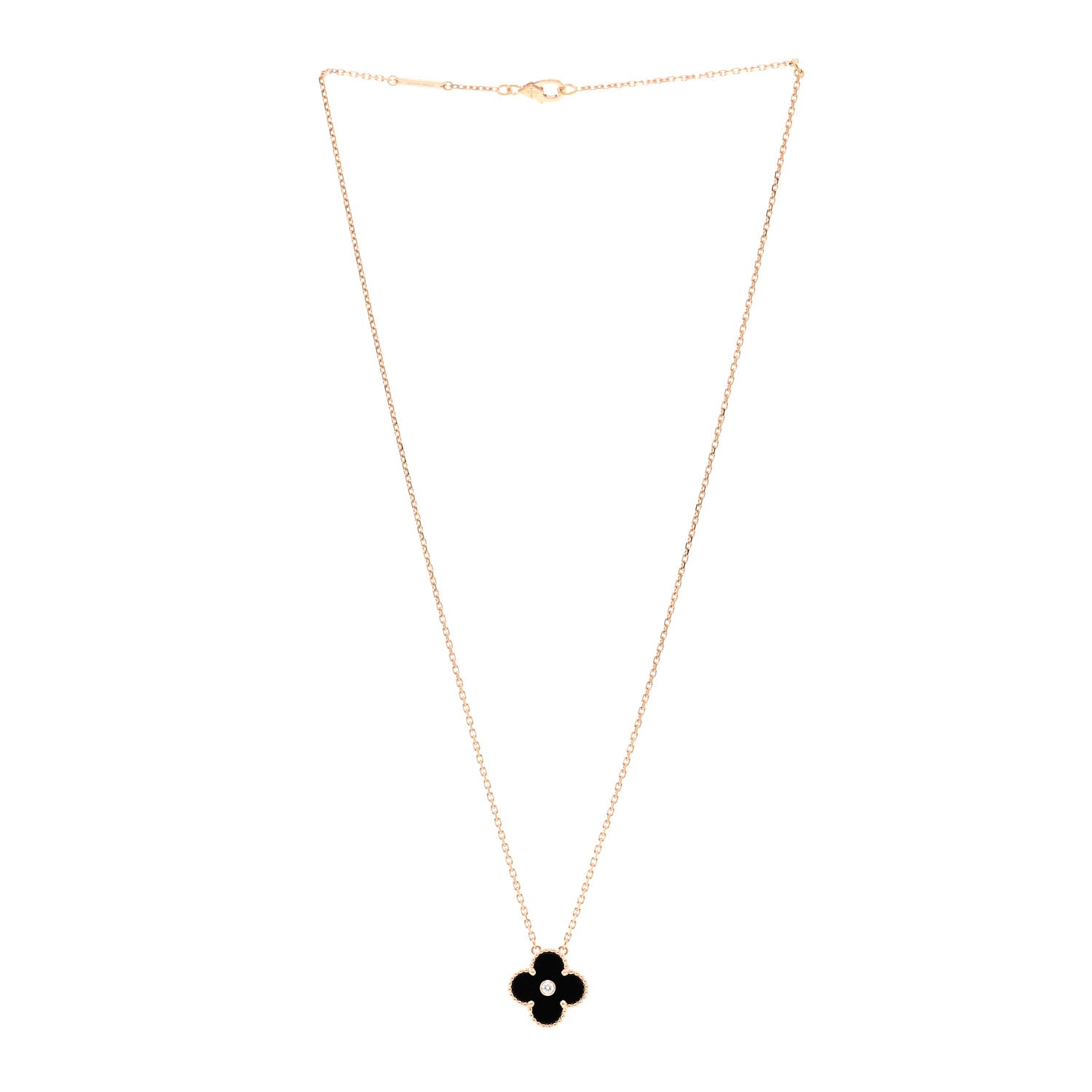 Van Cleef & Arpels 18K Rose Gold Diamond Black Onyx Vintage Alhambra Pendant Necklace 3 of 4