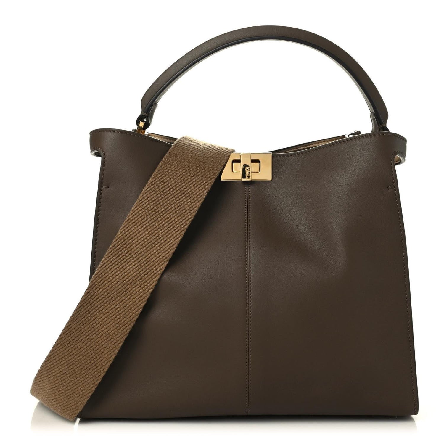 Fendi Vitello Seta Glazed Fabric FF 1974 Medium Peekaboo X-Lite Maya Mogano Panna 1 of 8