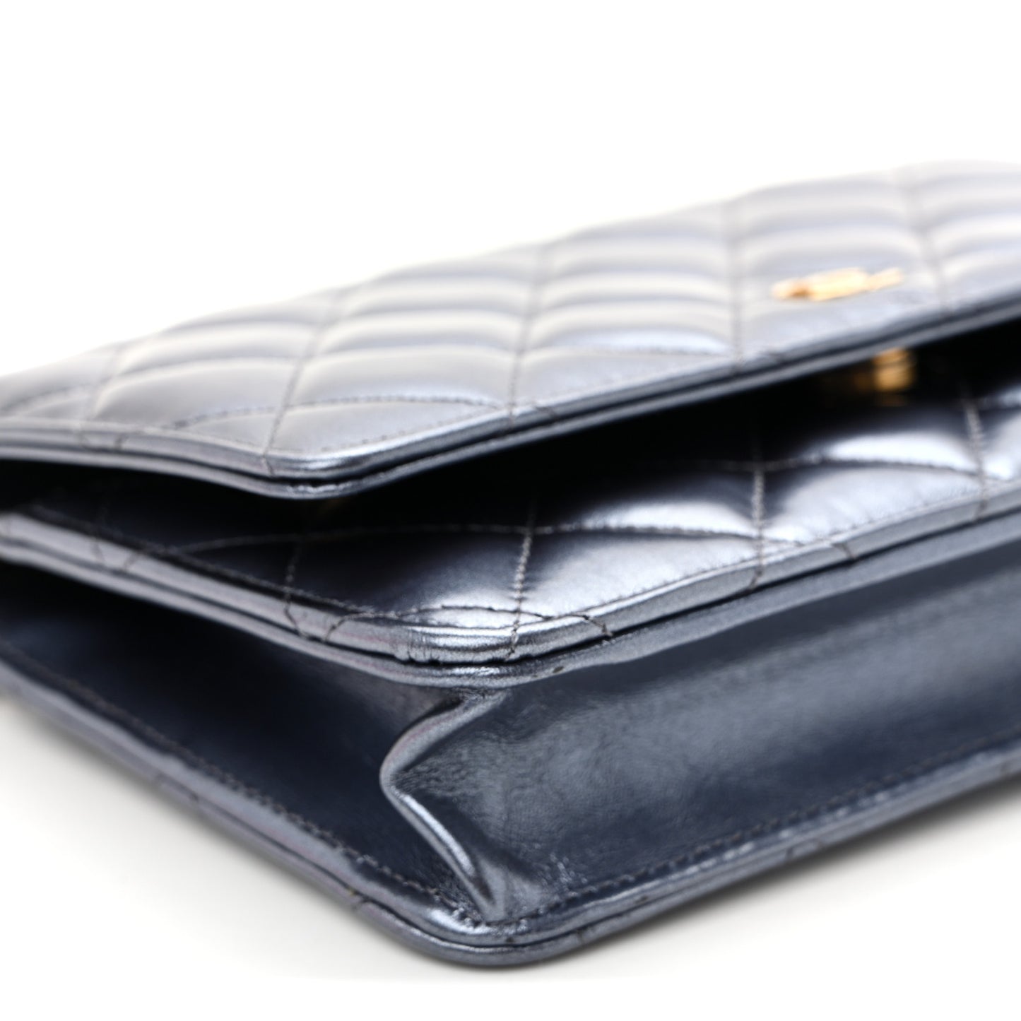 Metallic Calfskin Quilted Wallet On Chain WOC Navy Blue