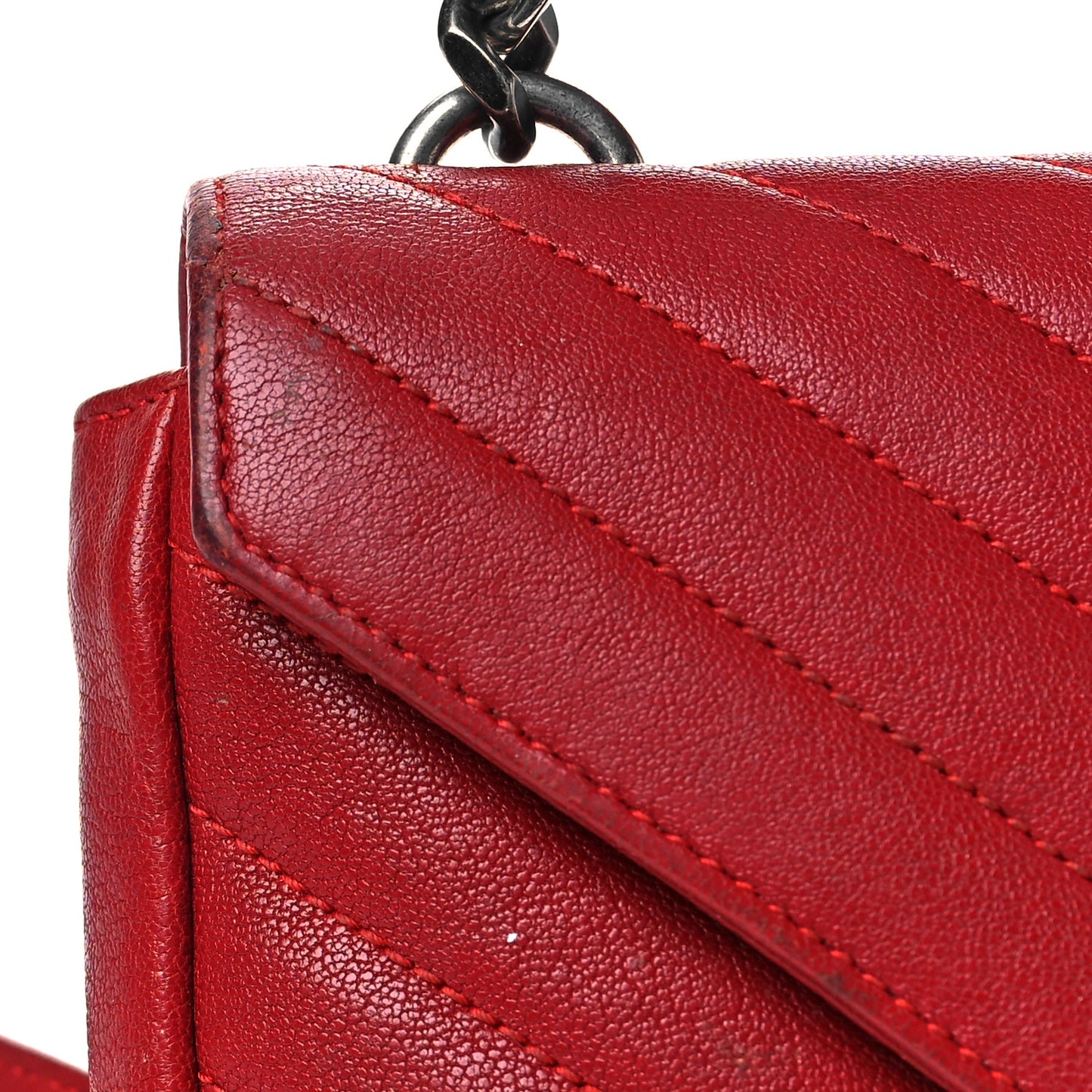 Sheepskin Matelasse Chevron Monogram College Chain Wallet New Red