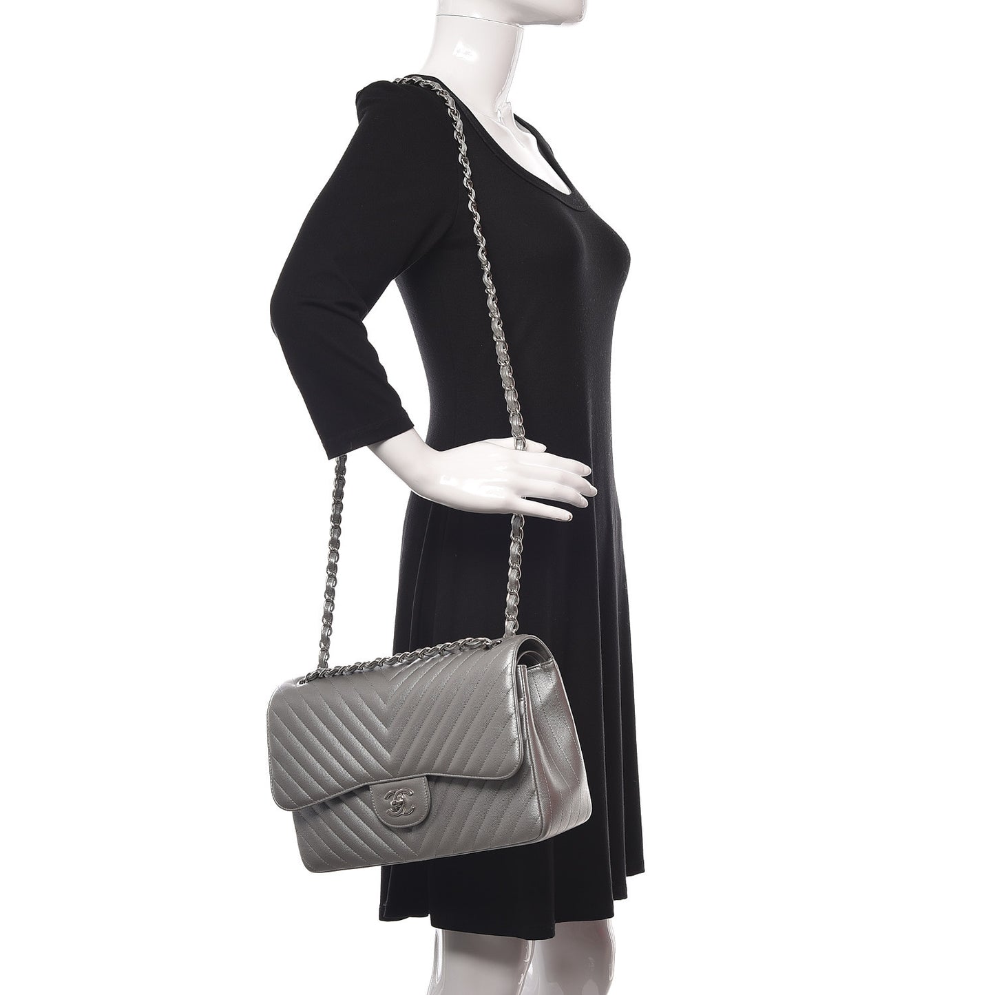 Metallic Caviar Chevron Quilted Jumbo Double Flap Silver