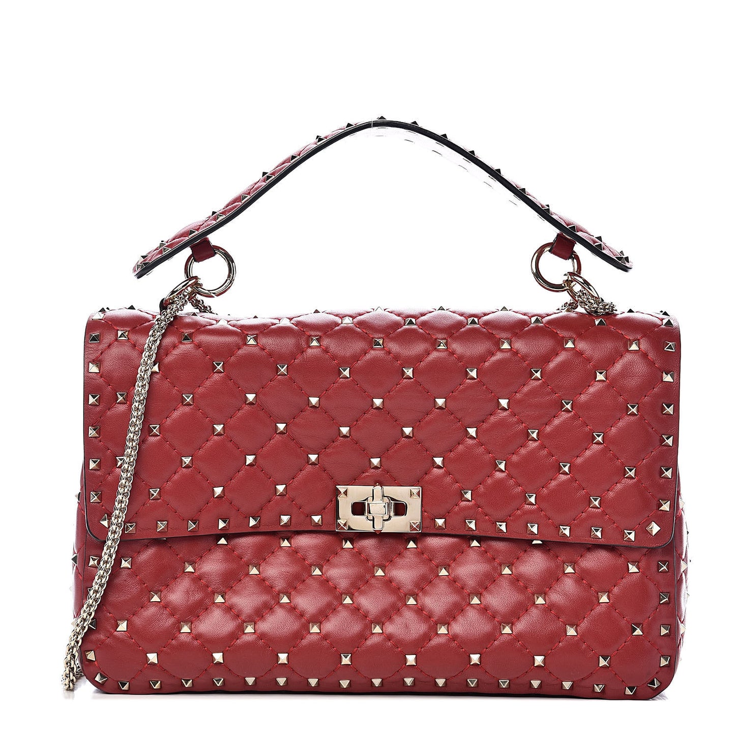 Lambskin Large Rockstud Spike Shoulder Bag Red