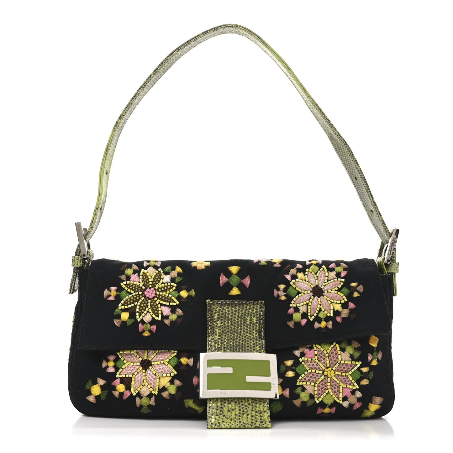 Neoprene Lizard Beaded Embroidered Baguette Black Green Multicolor