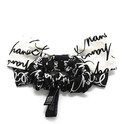 Chanel Silk Twill Logo Bow Hair Tie Black White 2 of 6