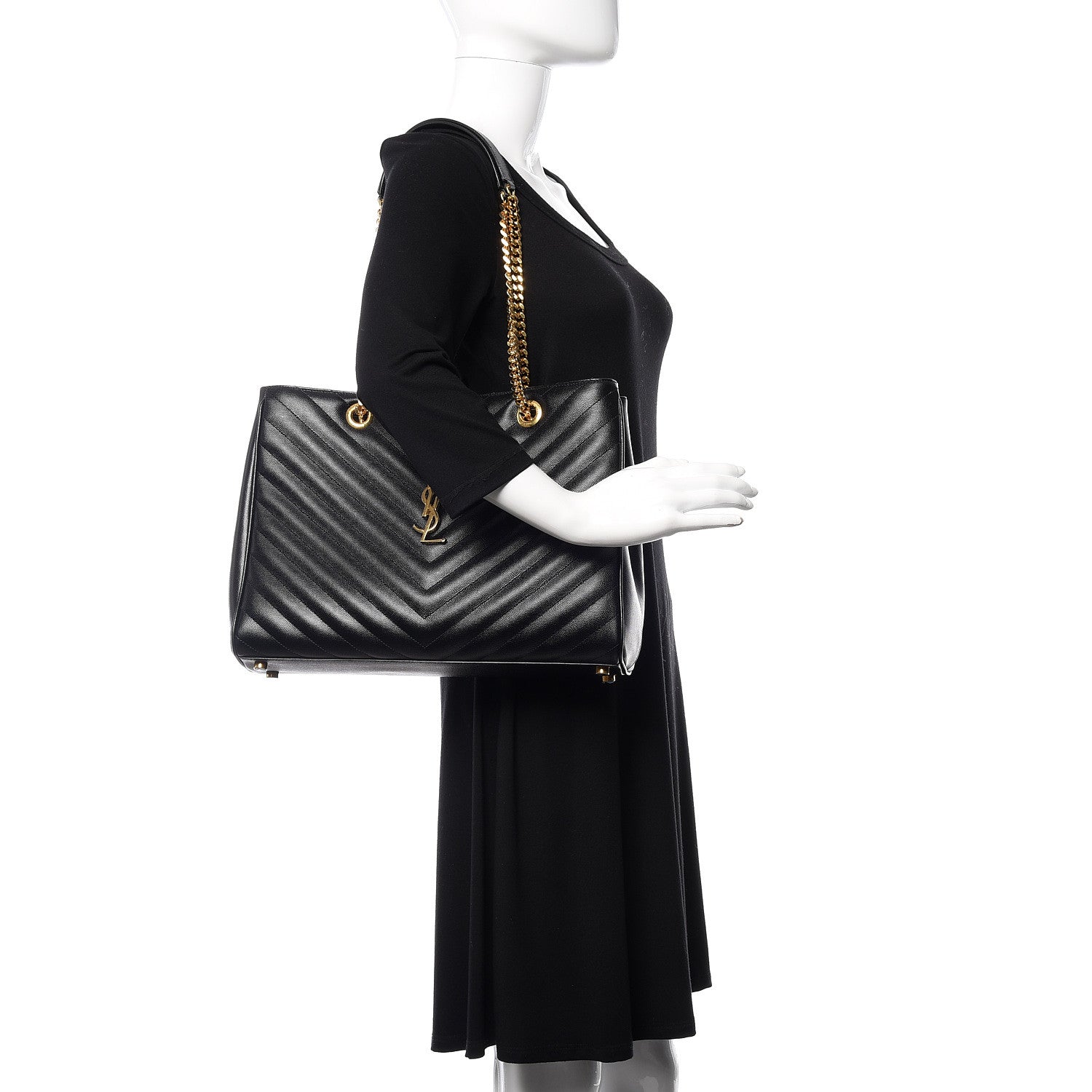 Saint Laurent Grain De Poudre Matelasse Chevron Monogram Shopping Bag Black 2 of 14