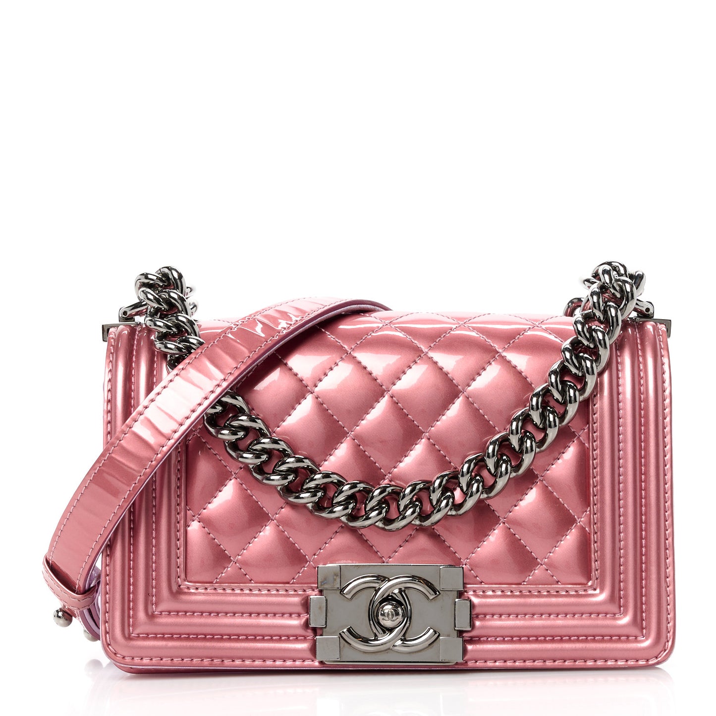 Metallic Patent Calfskin Quilted Small Boy Flap Pink