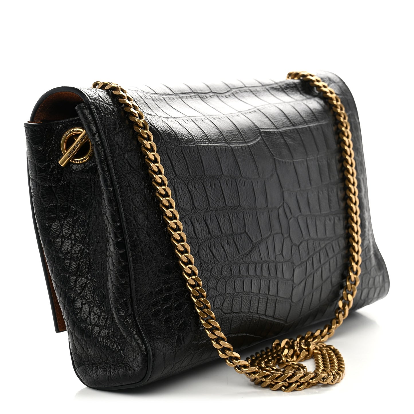 Calfskin Crocodile Embossed Suede Medium Reversible Monogram Kate Satchel Military Taupe