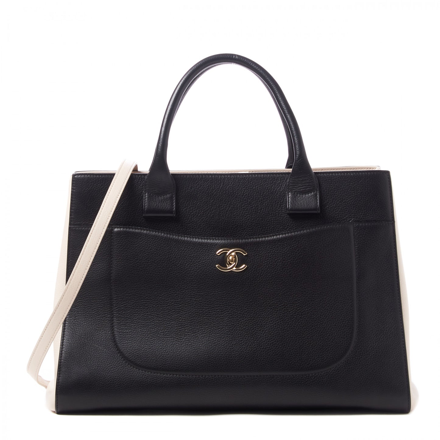 Grained Calfskin Medium Bi-Color Neo Executive Shopper Tote Black Beige