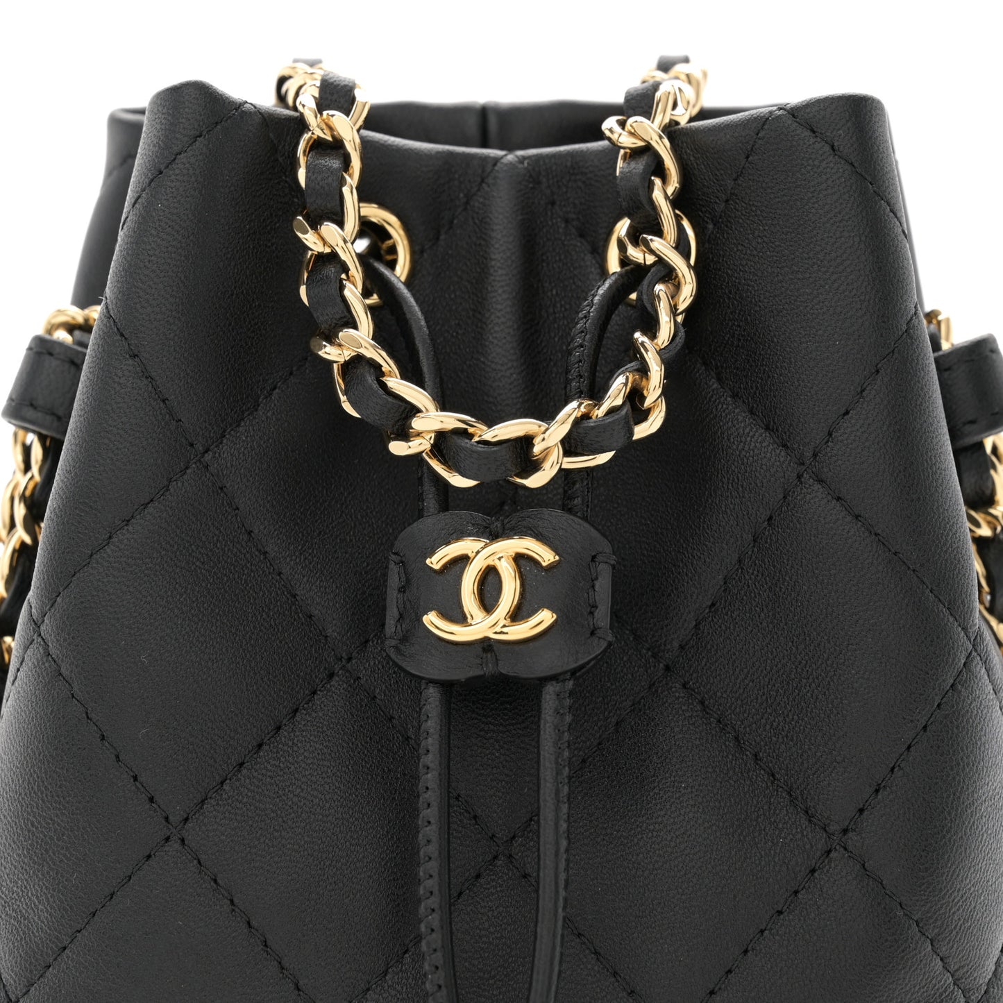 Metal Lambskin Quilted Small Chain Bucket Bag Black