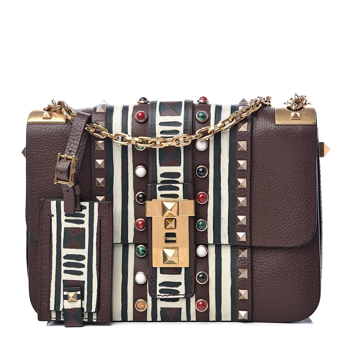 Grained Calfskin Tribal B-Rockstud Rolling Flap Cacao