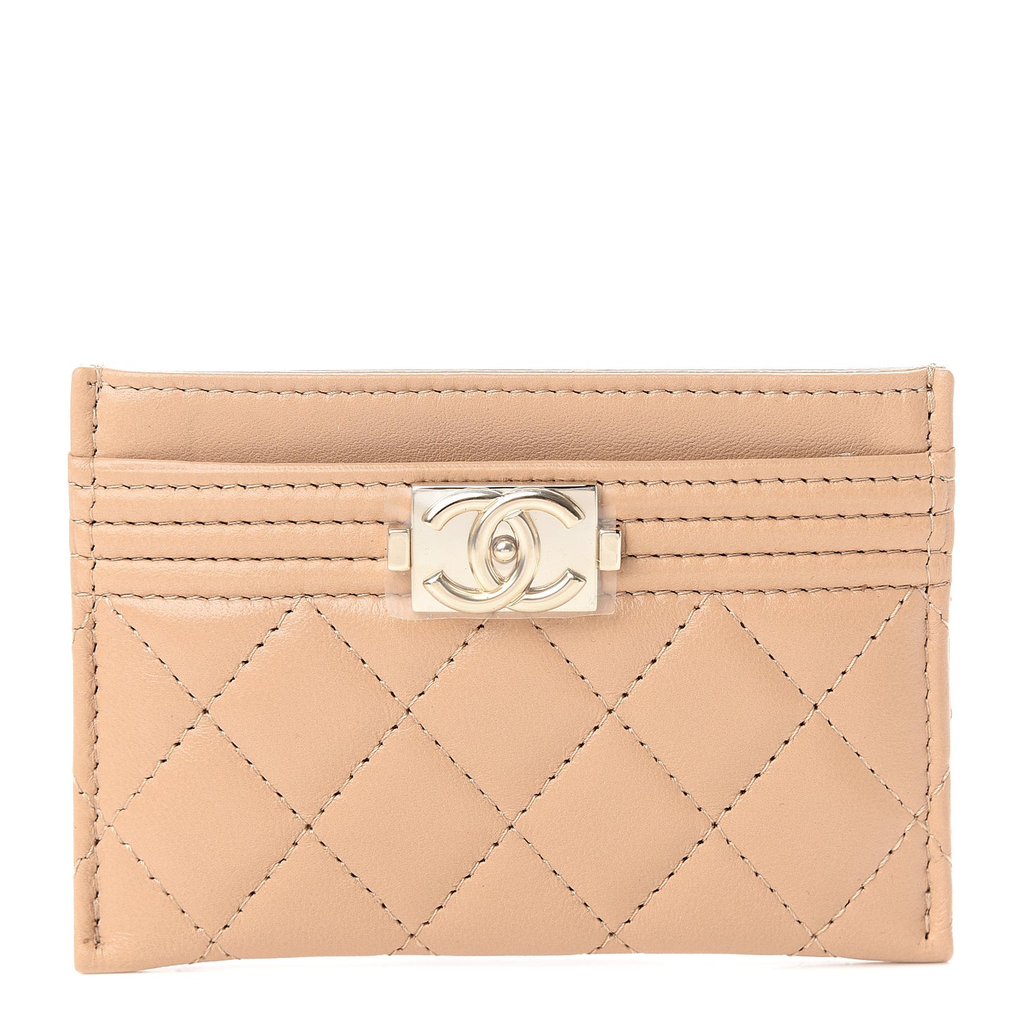 Lambskin Quilted Boy Card Holder Beige