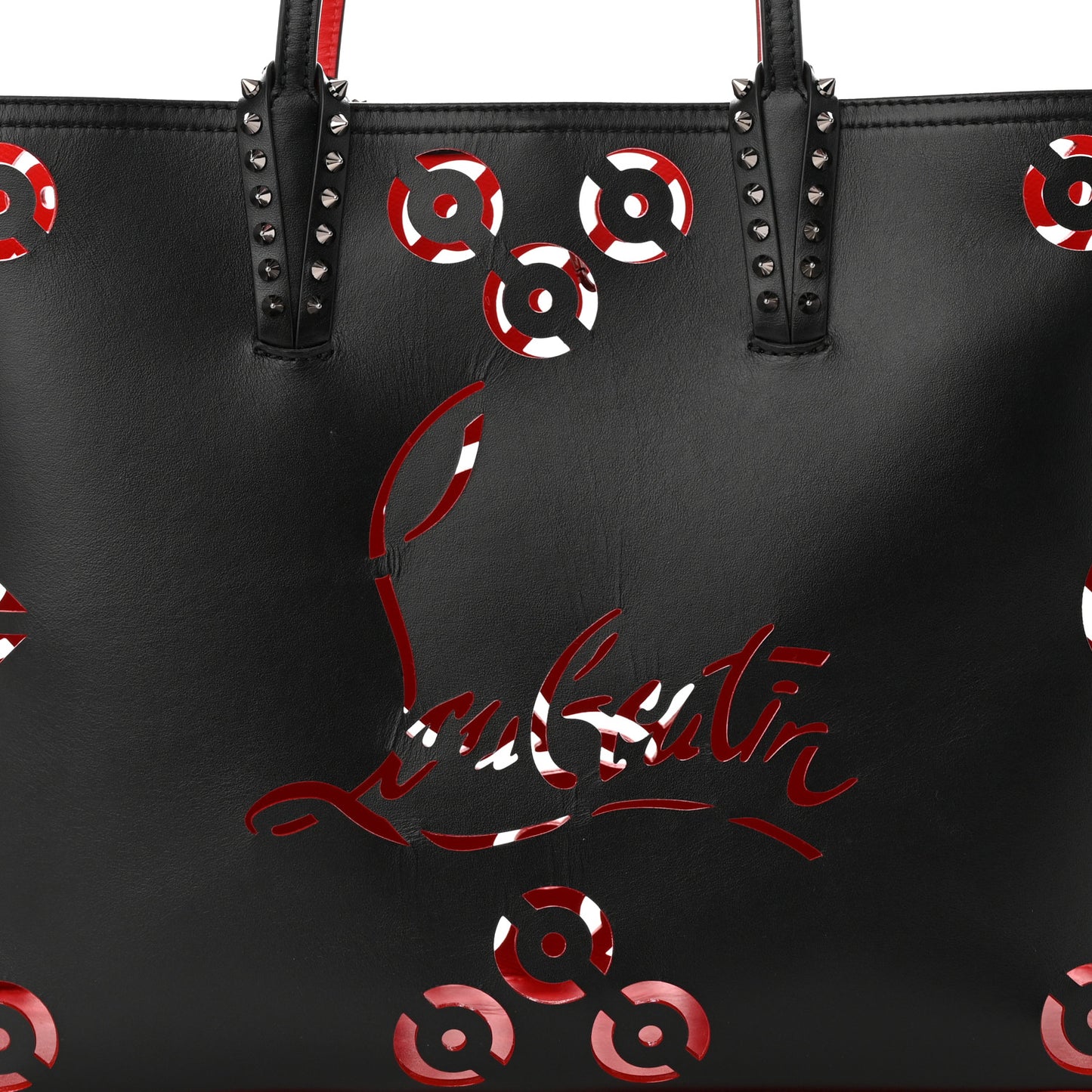 Calfskin Loubinthesky Perforated Cabarock Spikes Tote Black