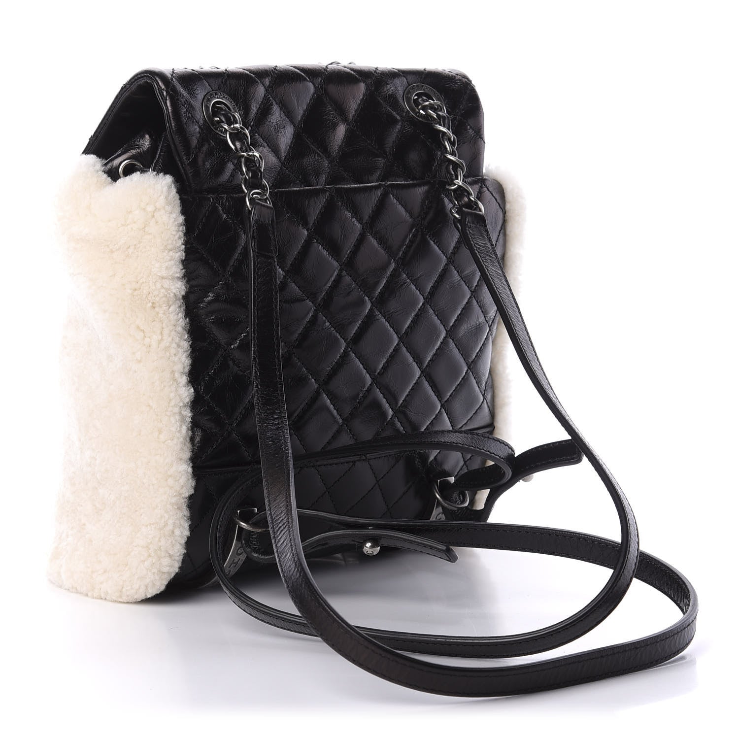 Chanel Glazed Calfskin Shearling Quilted Small Mountain Backpack Black Ivory 2 of 9