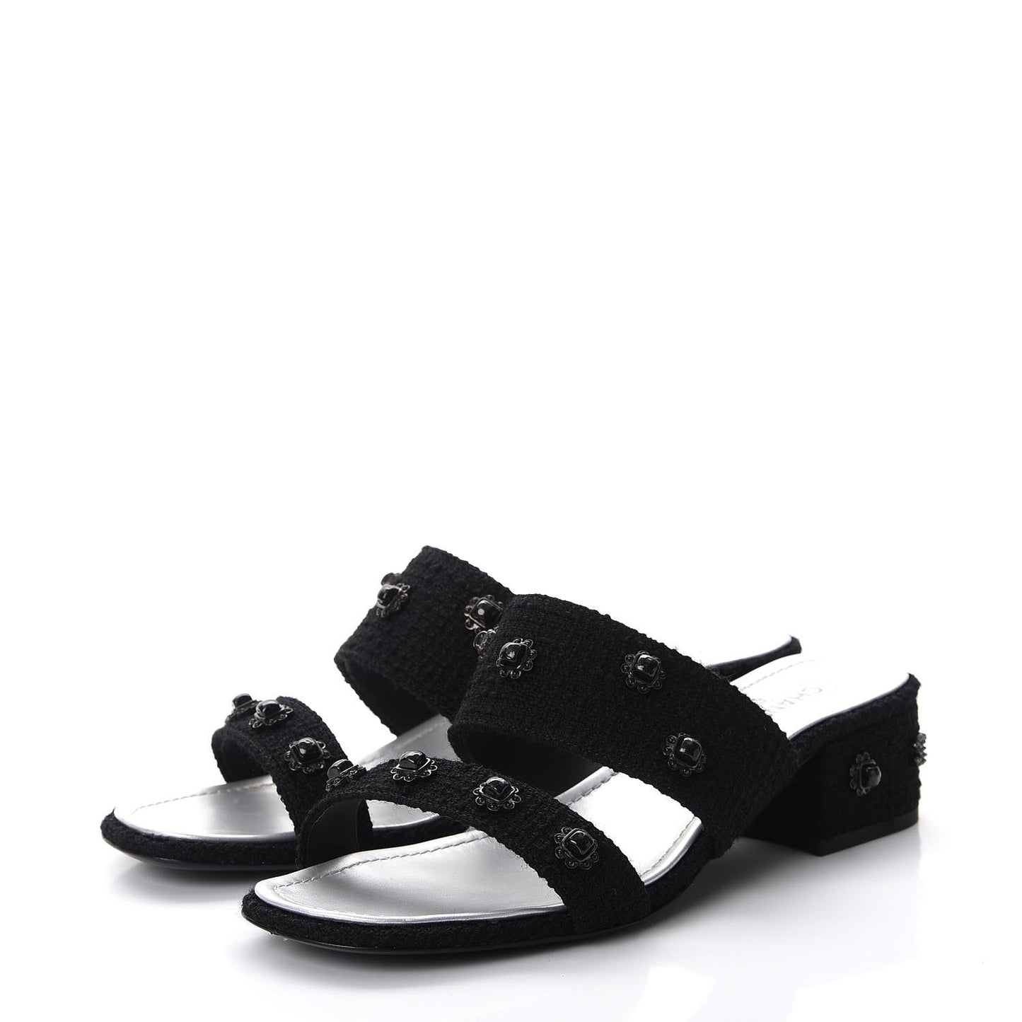 Tweed Gripoix Embellished Slides 38 Black