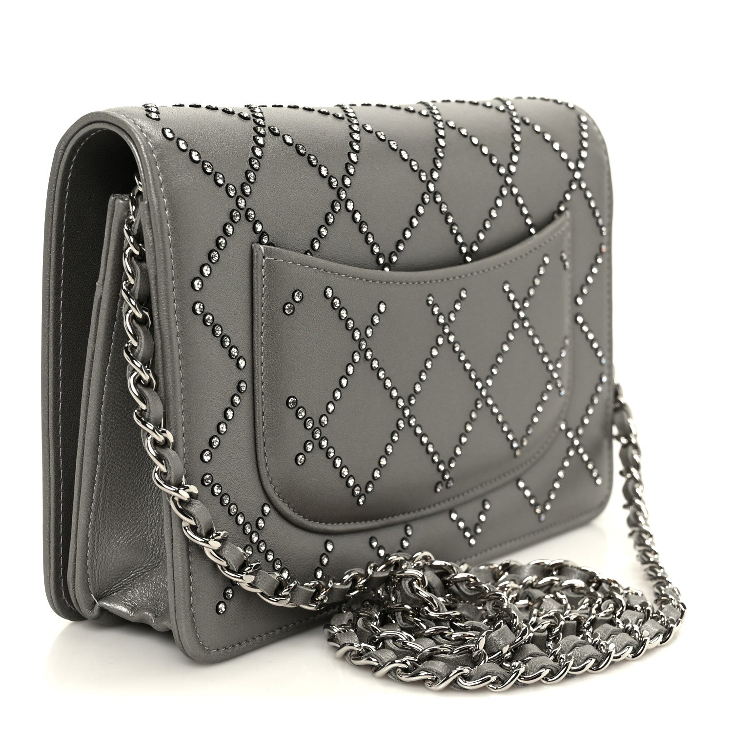 Chanel Lambskin Crystal Quilted Wallet On Chain WOC Grey 3 of 12