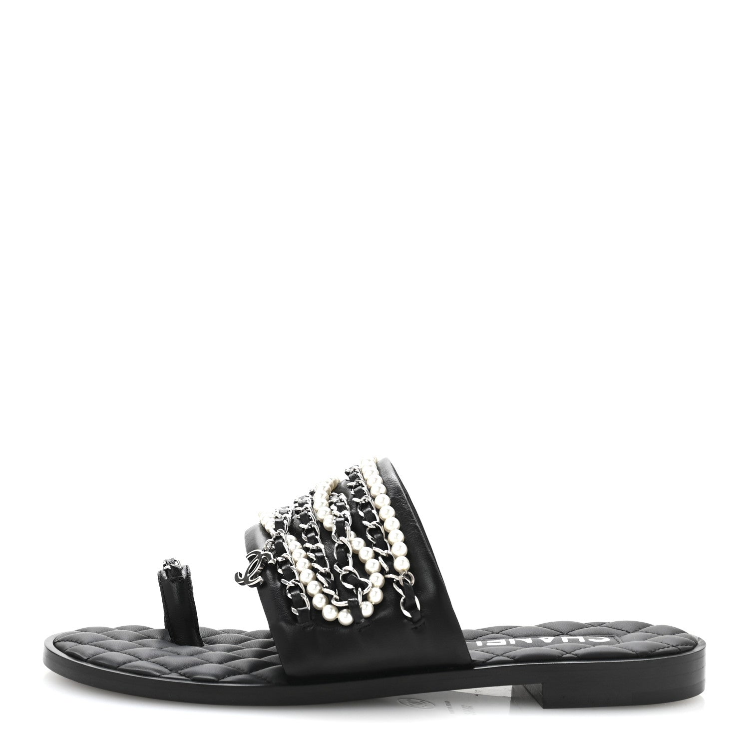 Chanel Pearl Lambskin Chain Flat Sandals 38.5 Black 1 of 10