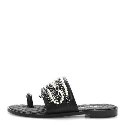 Chanel Pearl Lambskin Chain Flat Sandals 38.5 Black 1 of 10