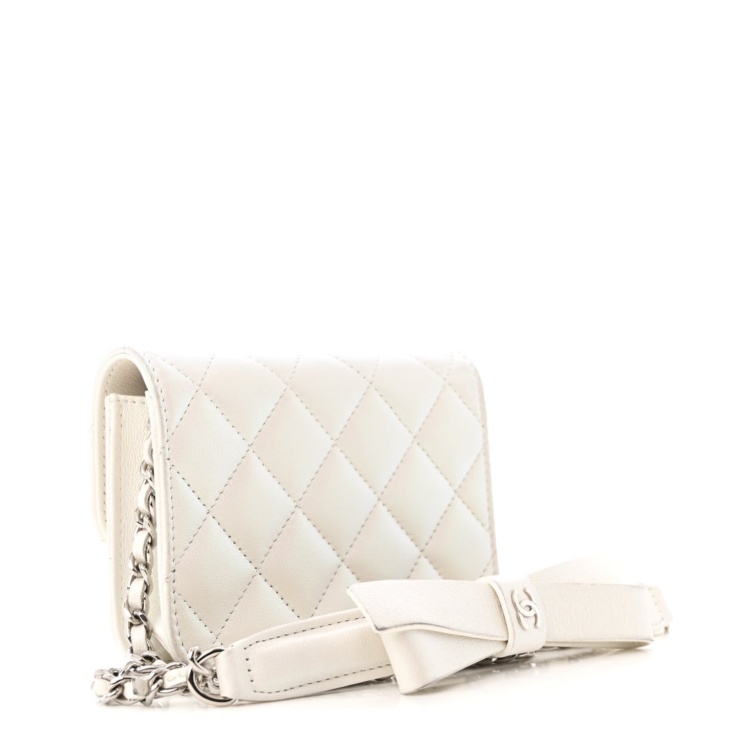 Iridescent Lambskin Quilted Coco Bow Clutch With Chain White