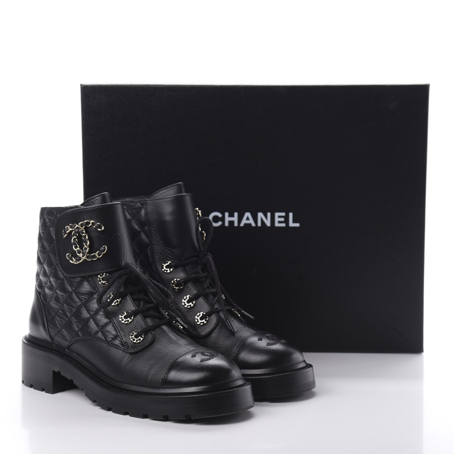 Chanel Shiny Goatskin Calfskin Quilted Lace Up Combat Boots 39 Black 8 of 8