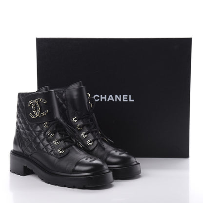 Chanel Shiny Goatskin Calfskin Quilted Lace Up Combat Boots 39 Black 8 of 8