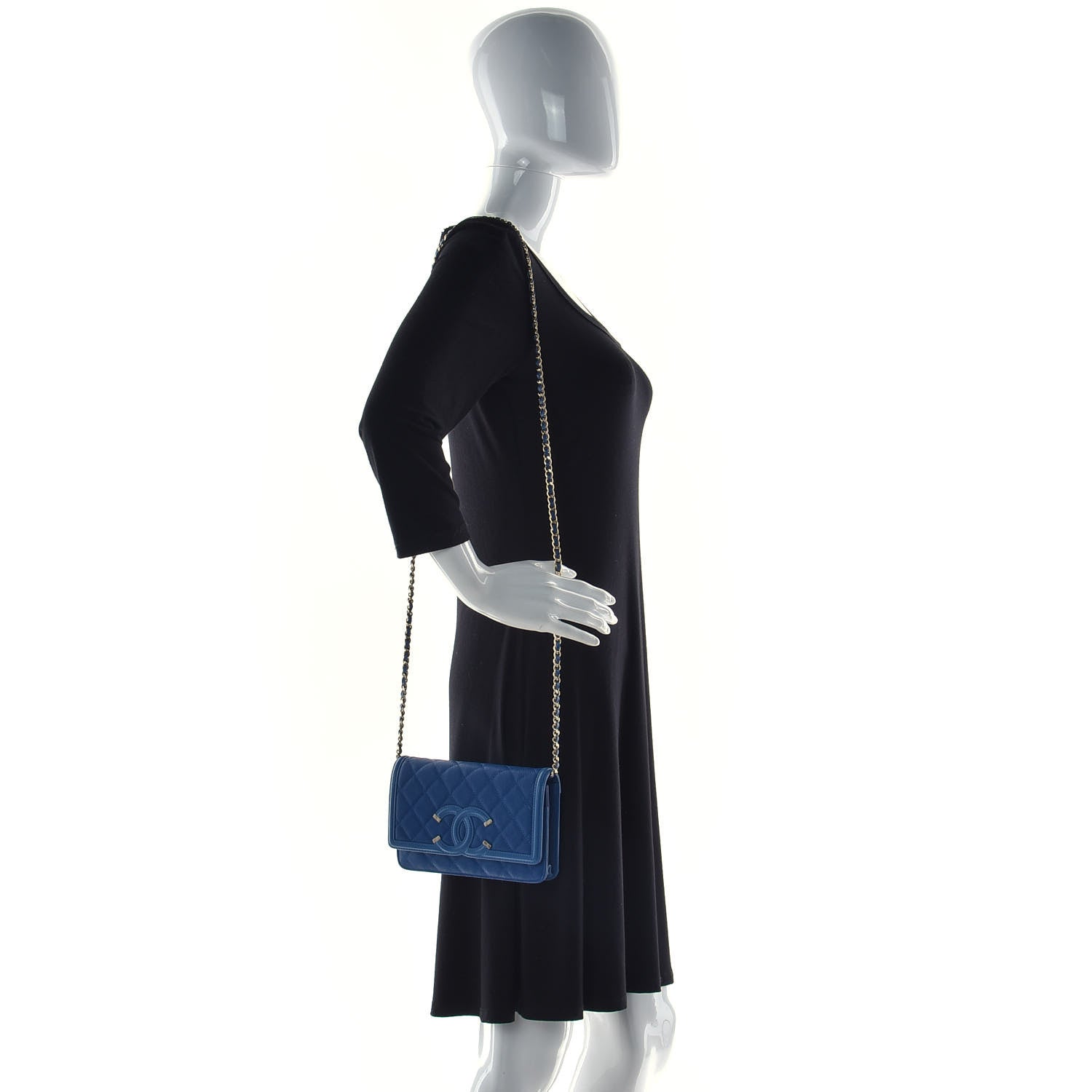 Chanel Caviar Quilted CC Filigree Wallet On Chain WOC Dark Blue 2 of 13