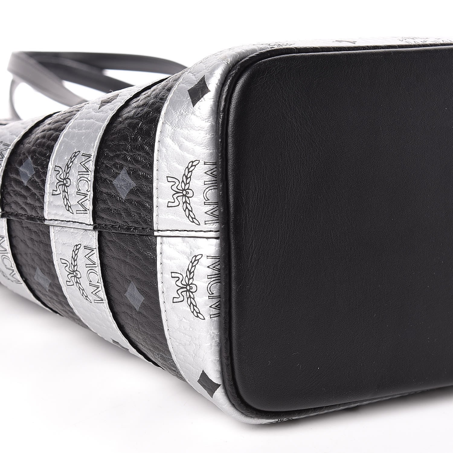 MCM Metallic Visetos Striped Medium Anya Shopper Tote Black Silver 10 of 11