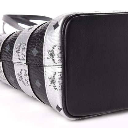 MCM Metallic Visetos Striped Medium Anya Shopper Tote Black Silver 10 of 11