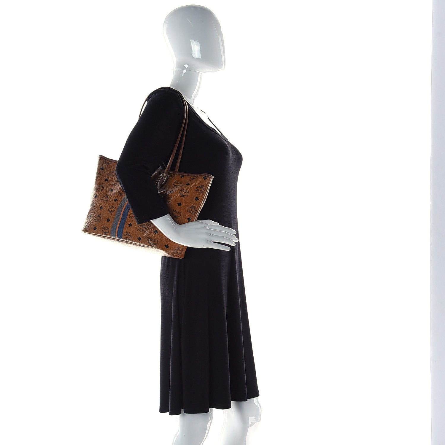 MCM Visetos Dog Bone Striped Shopper Tote Cognac 2 of 12