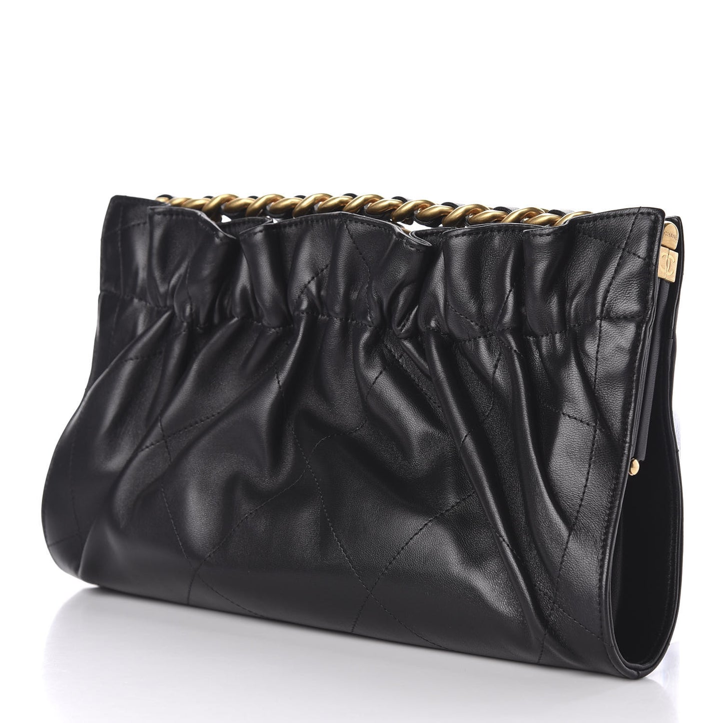 Lambskin Chain Kiss Lock Clutch Black