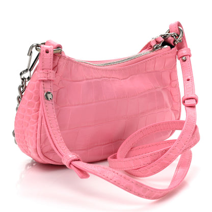 Balenciaga Extra Supple Calfskin Crocodile Embossed Le Cagole Mini Purse With Chain Sweet Pink 3 of 10