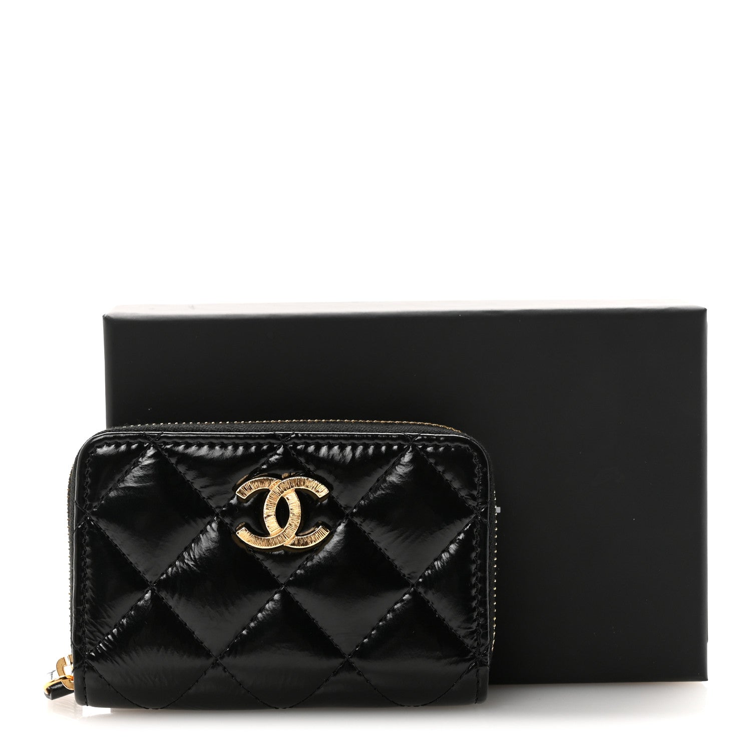 Chanel Shiny Lambskin Quilted Textured CC Zip Coin Purse Black