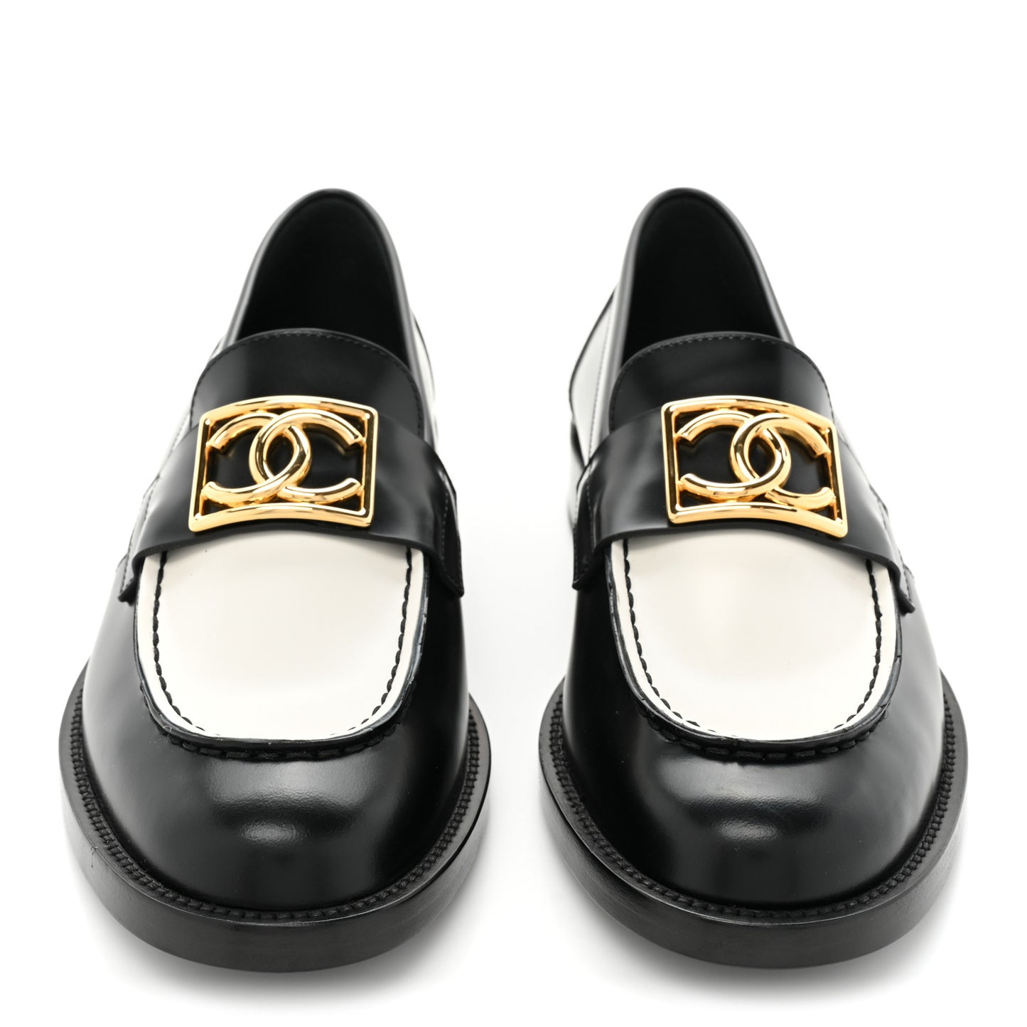 Shiny Calfskin CC Loafers Black White 38 Black White