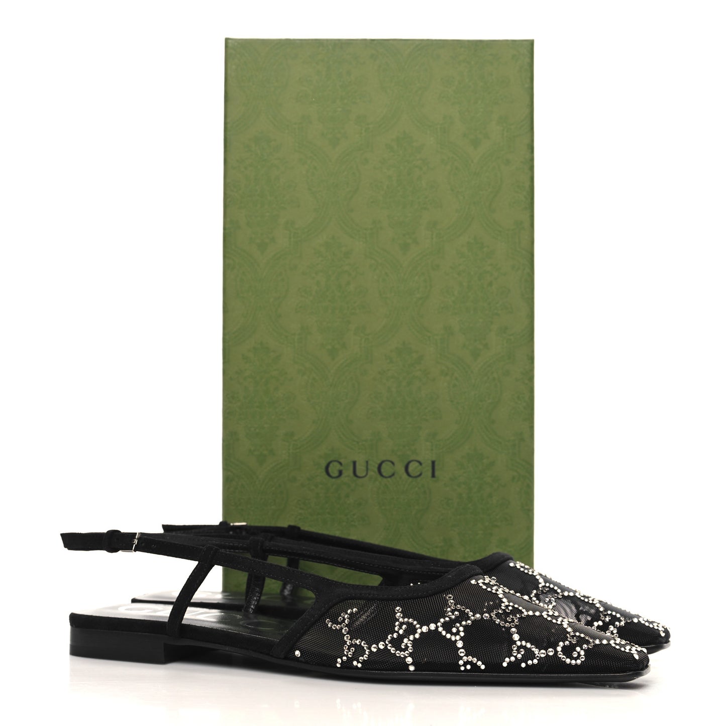 Tela Retino Kid Scamosciato Crystal GG Monogram Square Demi Ballet Flats 38.5 Black
