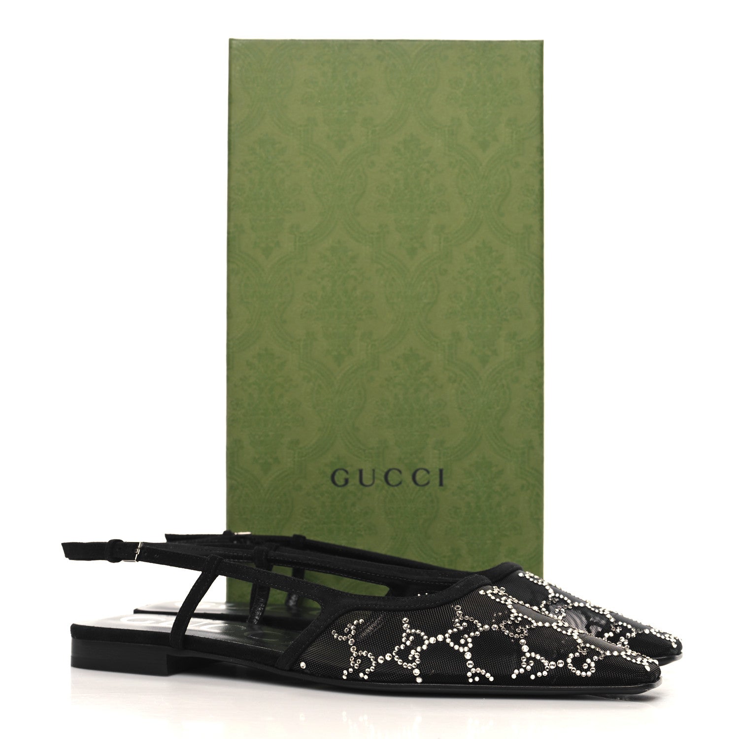 Gucci Tela Retino Kid Scamosciato Crystal GG Monogram Square Demi Ballet Flats 38.5 Black 9 of 9