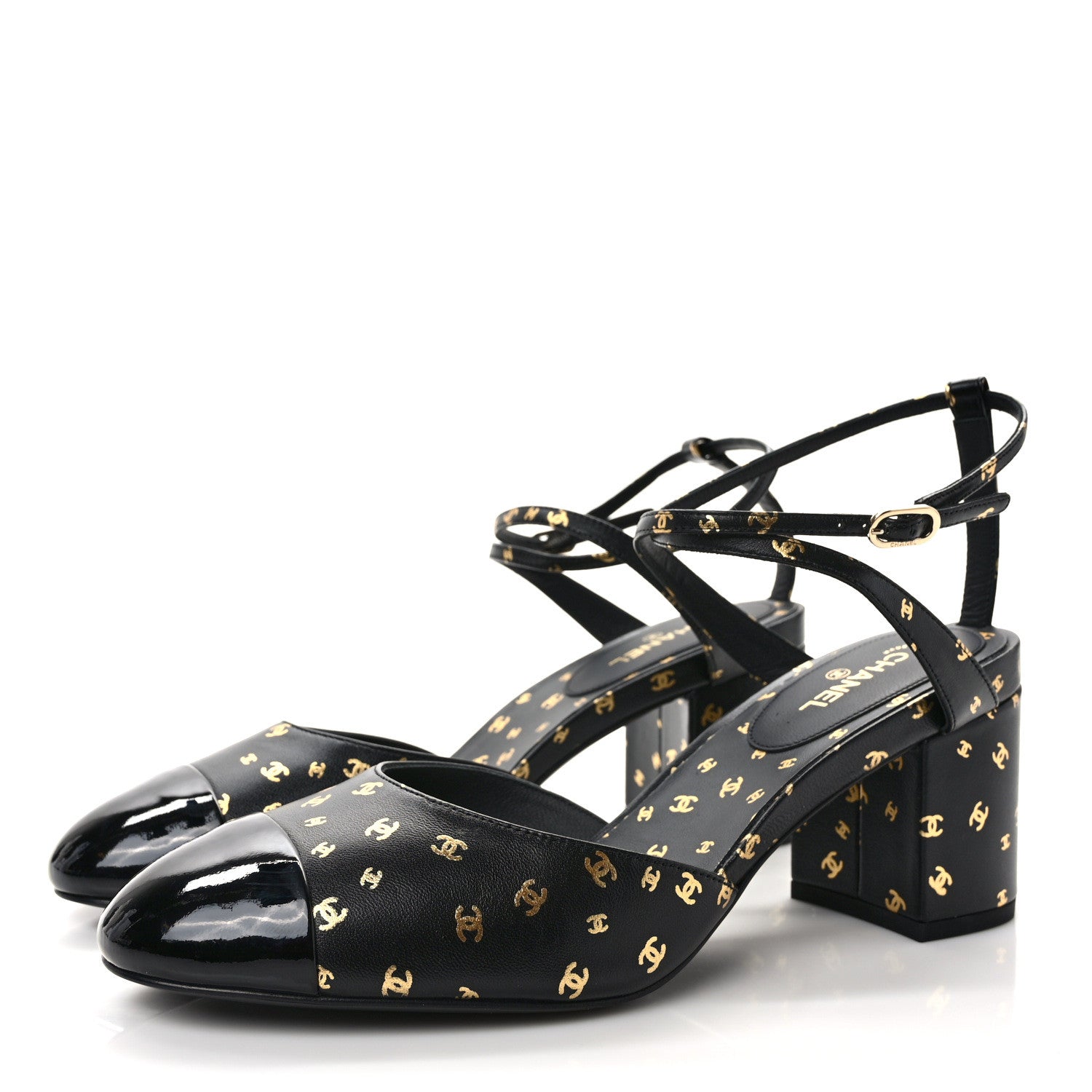 Chanel Printed Lambskin Patent Calfskin CC Slingbacks 41 Black Gold 3 of 9