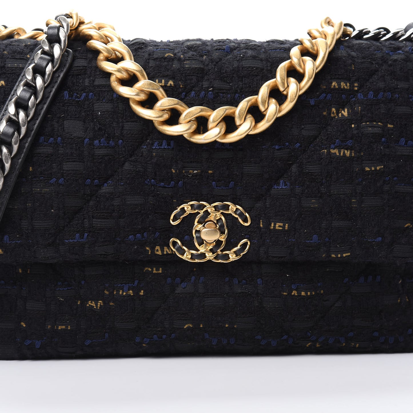 Tweed Quilted Large Chanel 19 Flap Black Navy Gold
