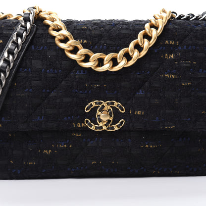 Chanel Tweed Quilted Large Chanel 19 Flap Black Navy Gold 8 of 12