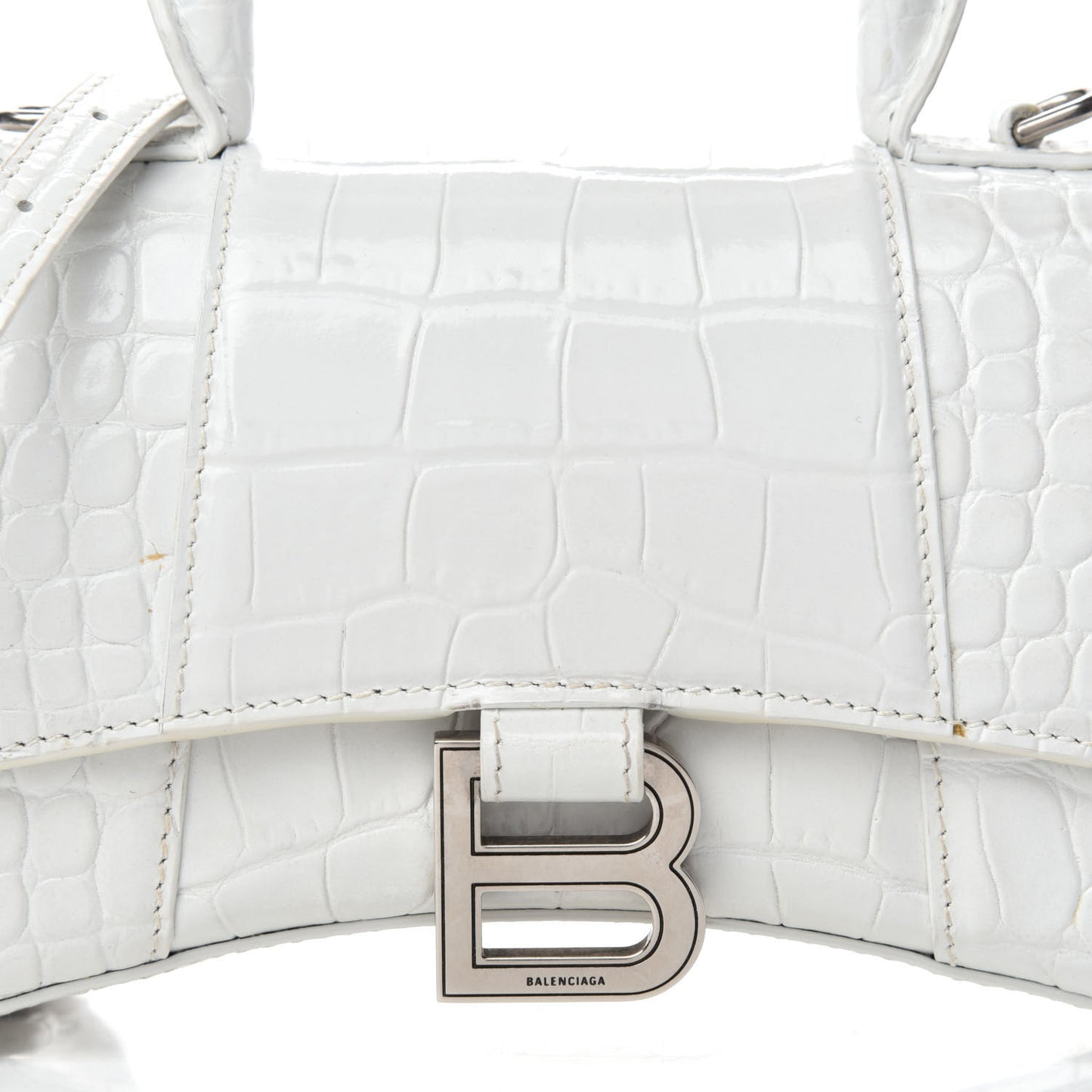 Shiny Calfskin Crocodile Embossed Hourglass Top Handle Bag XS White