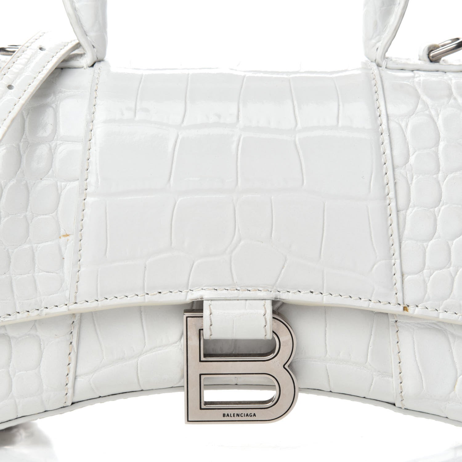 Balenciaga Shiny Calfskin Crocodile Embossed Hourglass Top Handle Bag XS White 11 of 11