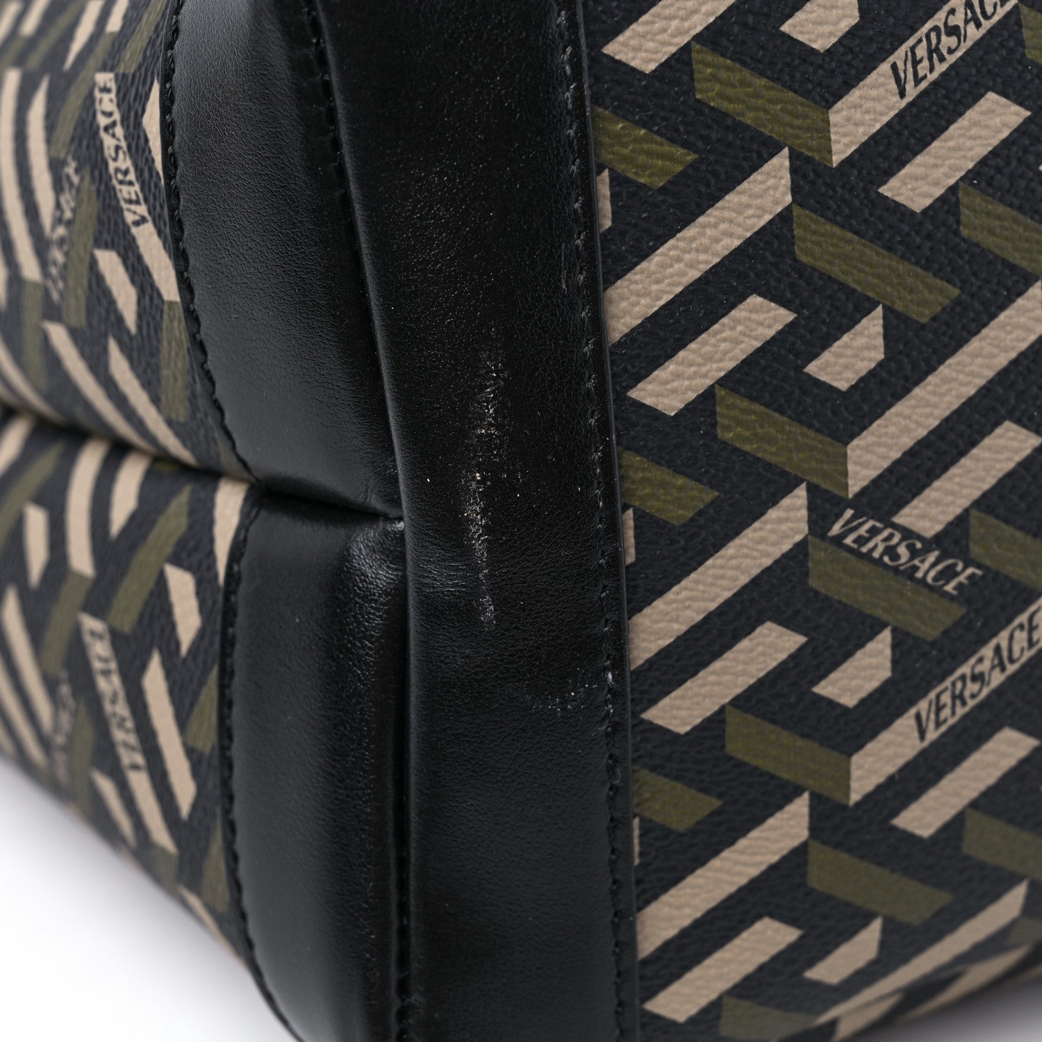 Versace Coated Canvas Calfskin La Greca Signature Shopper Tote Bag Black Khaki 12 of 12