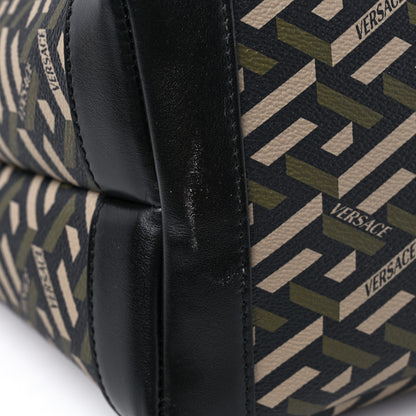 Versace Coated Canvas Calfskin La Greca Signature Shopper Tote Bag Black Khaki 12 of 12