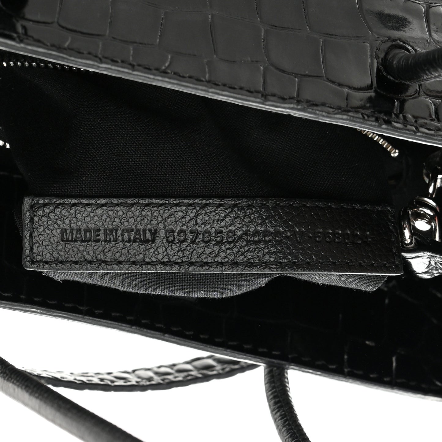 Shiny Calfskin Logo Crocodile Embossed North South Shopper Tote XXS Black White