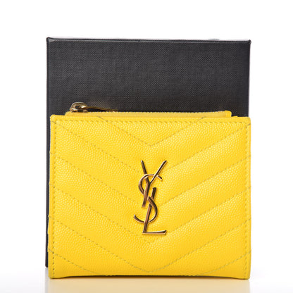 Saint Laurent Grain De Poudre Matelasse Chevron Monogram Zipped Card Case Mimosa Shiny 9 of 12