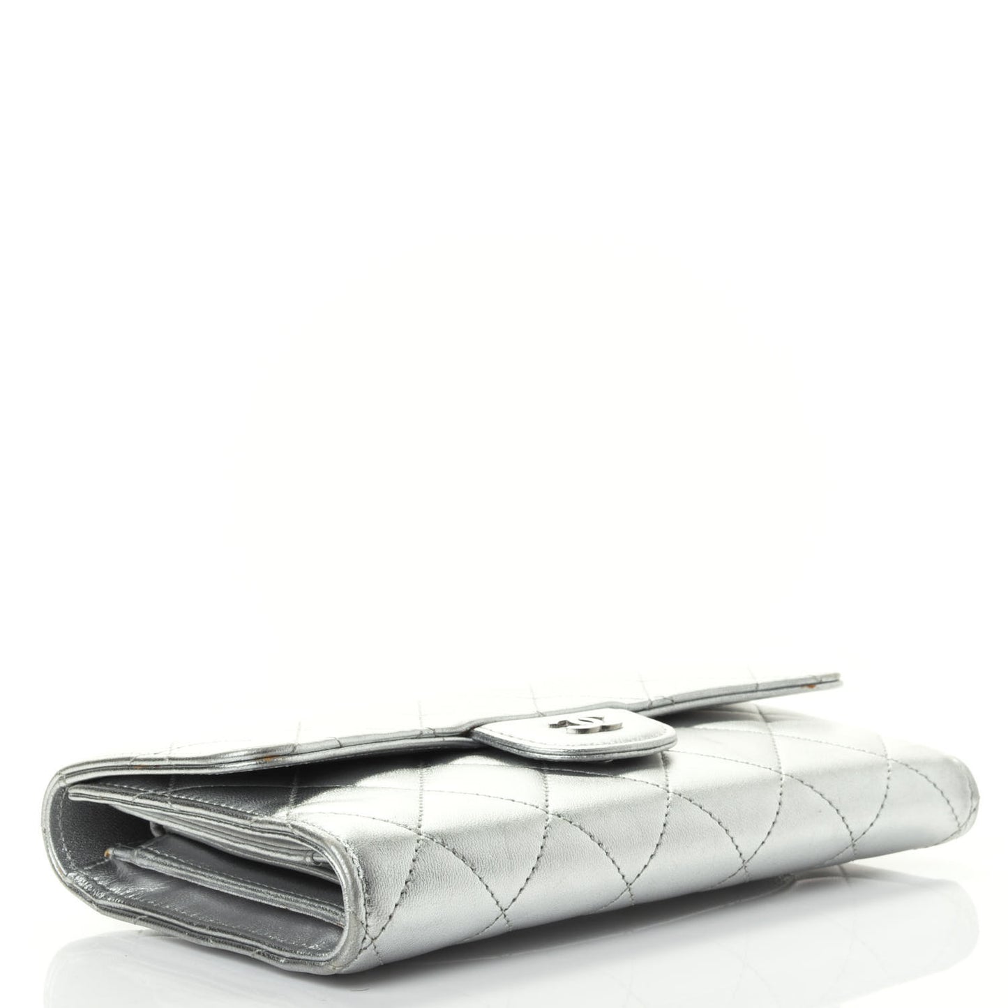 Metallic Lambskin Quilted Long Flap Wallet Silver