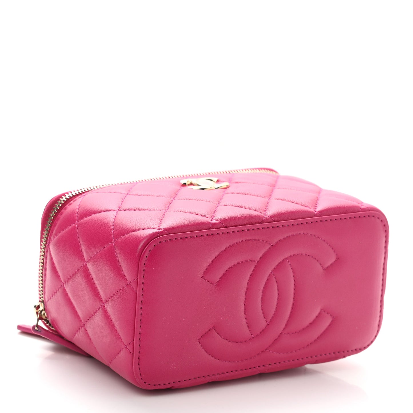 Lambskin Quilted Small Top Handle Vanity Case With Chain Dark Pink