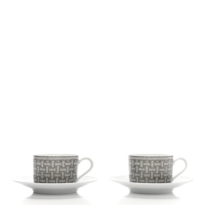 Hermes Porcelain Mosaique Au 24 Platine Tea Cup And Saucer Set Of 2 Platinum 3 of 10