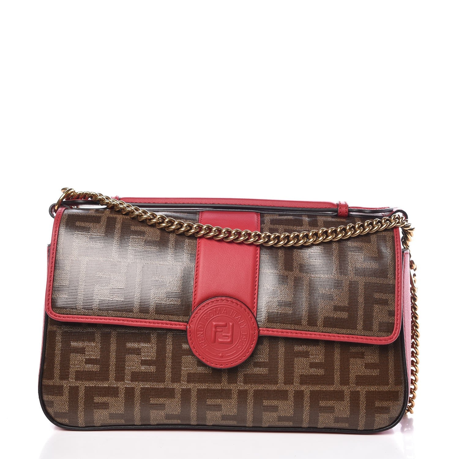 Fendi Vitello Grace Glazed Fabric FF 1974 Double F Shoulder Bag Fragola Mogano Panna 1 of 8
