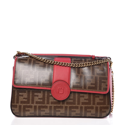 Fendi Vitello Grace Glazed Fabric FF 1974 Double F Shoulder Bag Fragola Mogano Panna 1 of 8