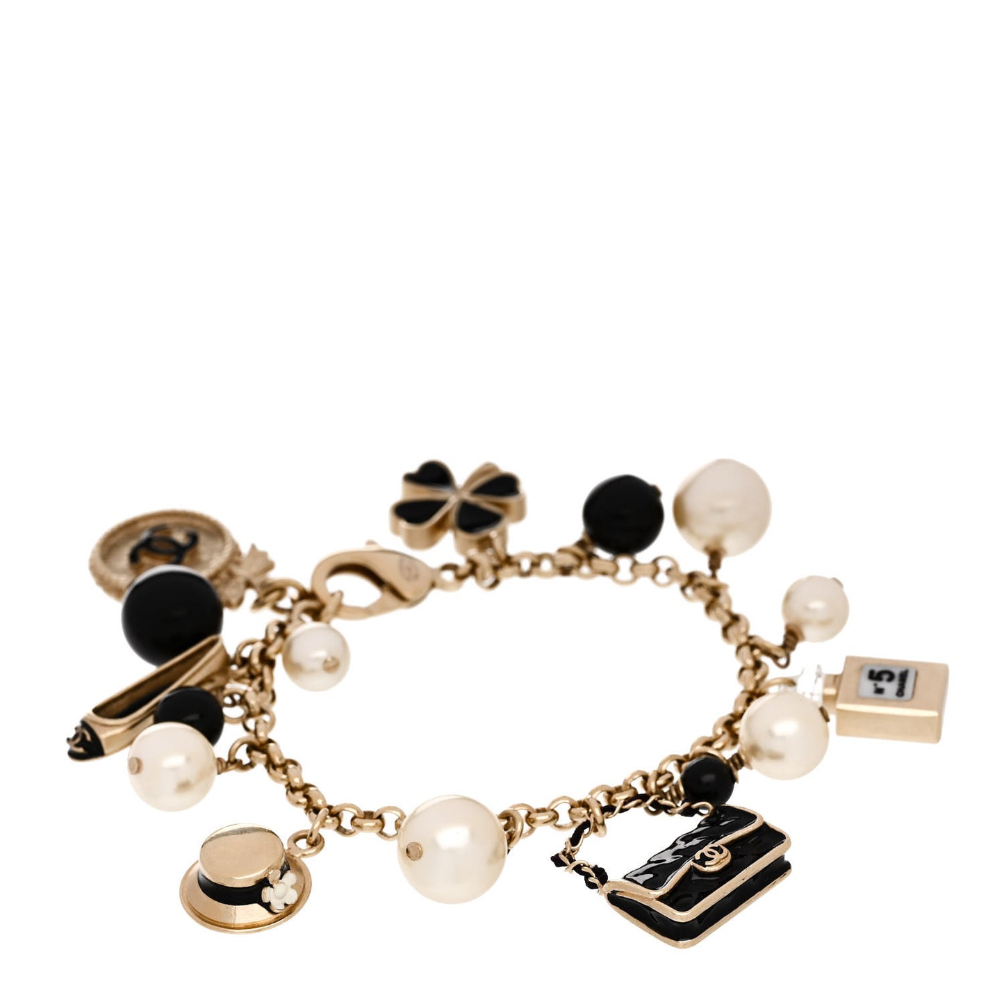 Pearl CC Charm Bracelet Black Gold